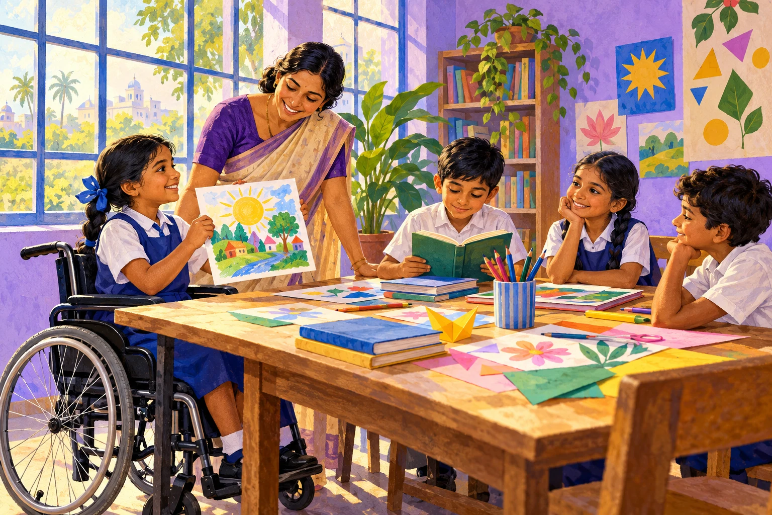 Conceptual classroom artwork showing shared learning and disability inclusion